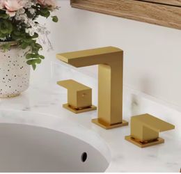 Minimalist 2-Handle 3-Hole Bathroom Sink Faucet Widespread Vanity Faucet with Drain in Brushed Gold - brand new