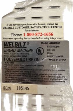 Wel-Bilt Bread Machine (model ABM6000) 2Lb capacity & 5 cycles