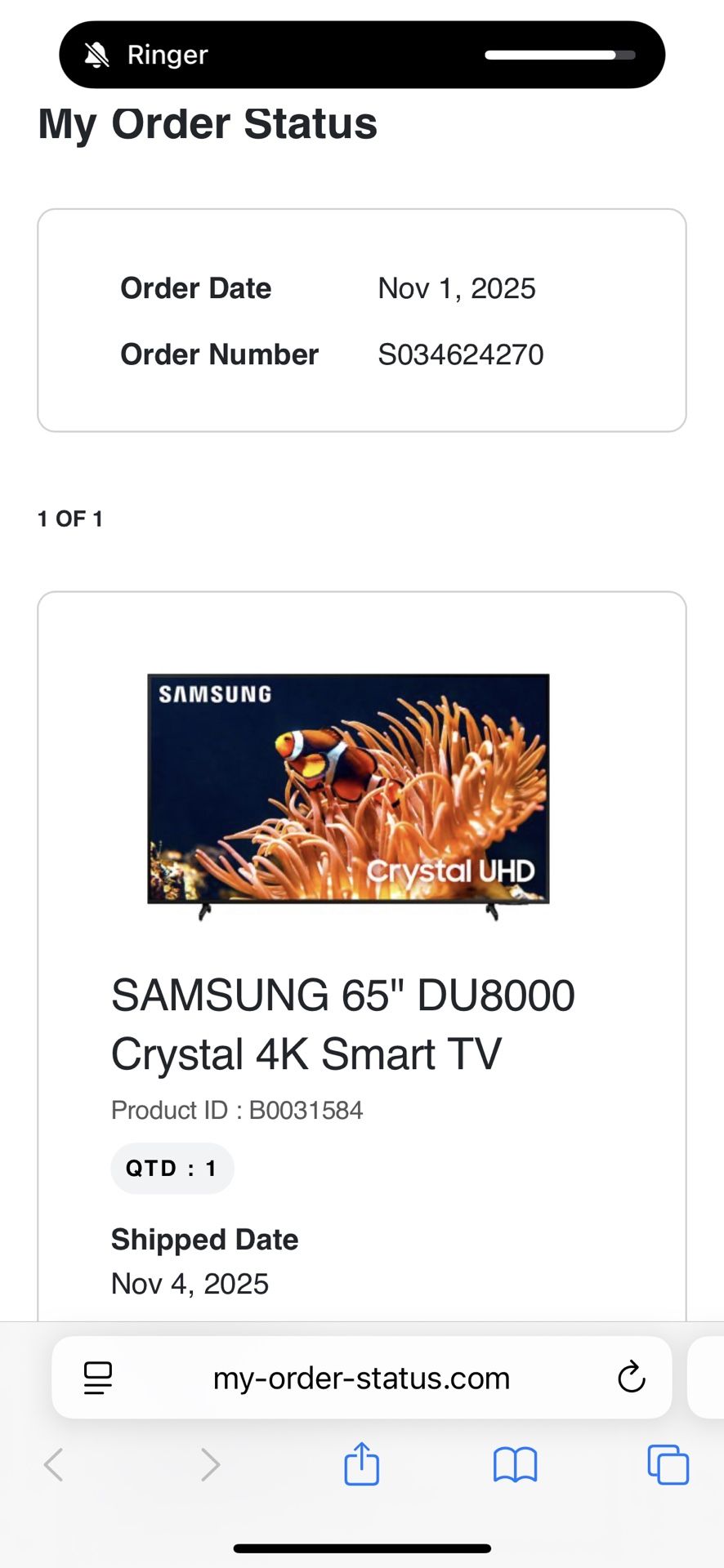 Samsung 65” DU8000 Crystal 4k Smart TV