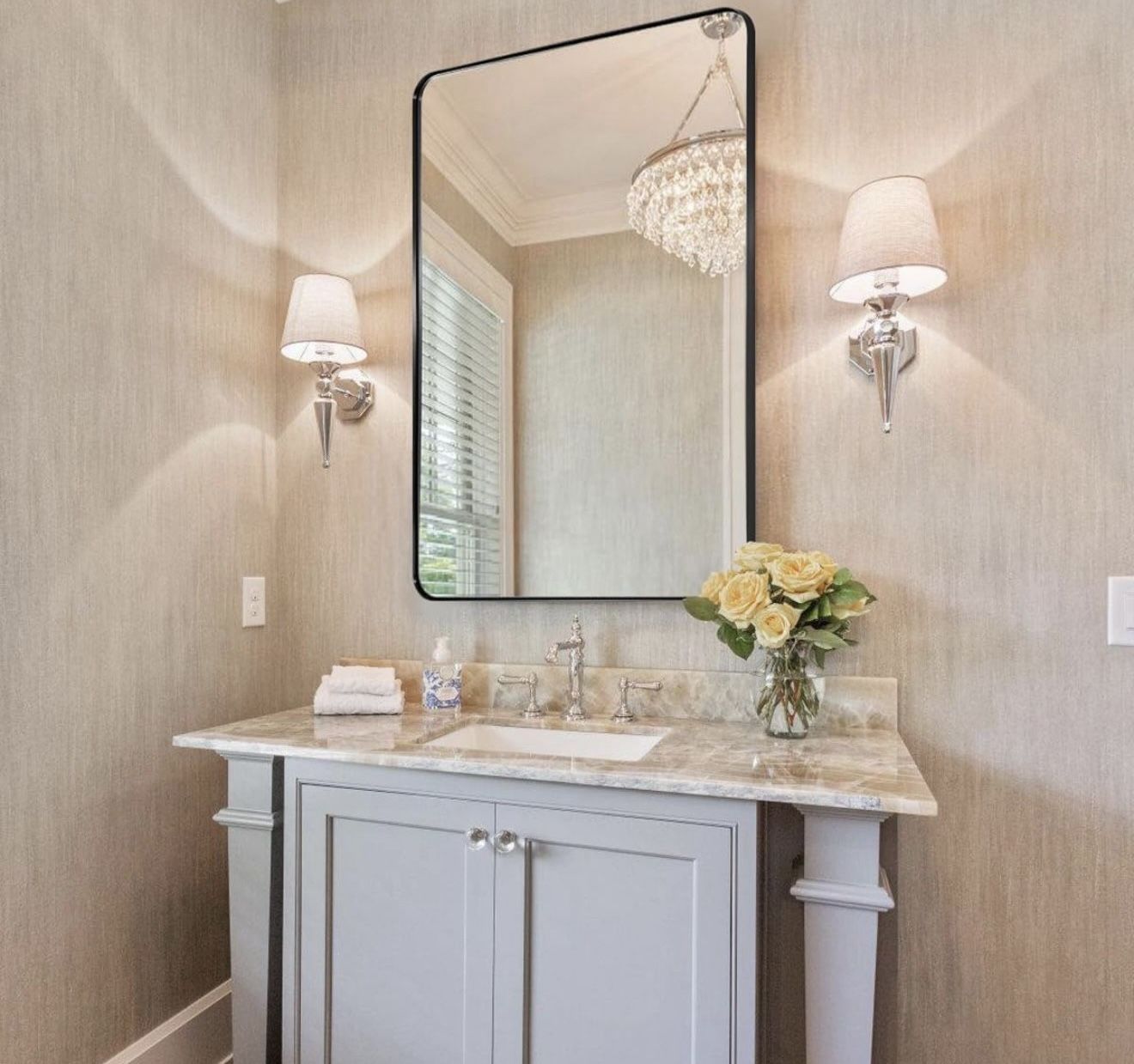 Wall Mirror for Bathroom, Black Metal Frame 22" X 30", Glass Panel Rounded Corner Hangs Horizontal Or Vertical