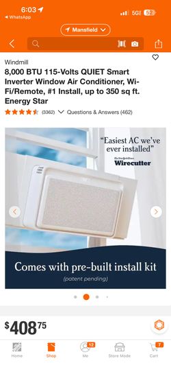 New Windmill 8,000 BTU 115-Volts QUIET Smart Inverter Window Air Conditioner, Wi-Fi/Remote, #1 Install, up to 350 sq ft. Energy Star