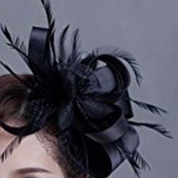 Black Fascinator Wedding Evening Party Derby Hat with Veil Feather Hair Clip