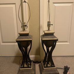 Pair of Vintage Bronze and Gold Table Lamps with Curved Metal Base (Set of 2)