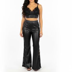 ChicMe Cotton Blend Faux Leather Lace 2 Piece Pants Set Top Wide Leg Black Small