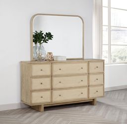 New Modern Coastal 9-Drawer Dresser with Mirror | Beige Oak & Cane Vanity Set w/ Jewelry Organizer