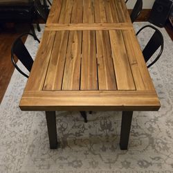 Acacia Wood Dining Table, Natural Stained with Rustic Metal, 32.25 in x 69 in x 29.5 in, & 4 Black Metal Farm House Chairs With Velvet Seat Pads
