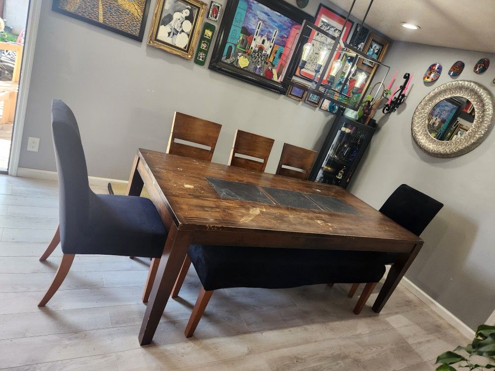 Mango Wood Dining Table, 5 Chairs And Bench