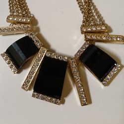 Art Deco Black Gold Tone Rhinstone Bib Statement Piece Necklace 