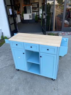 New Wooden Farmhouse Kitchen Island w/ Drop Leaf Countertop & Wheels Portable Rolling Island