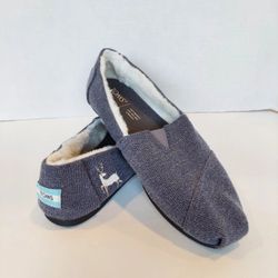 TOMS Gray Alpargata Slip on Shoes Embroidered Reindeer Faux Fur Lined Size womens 8 flats