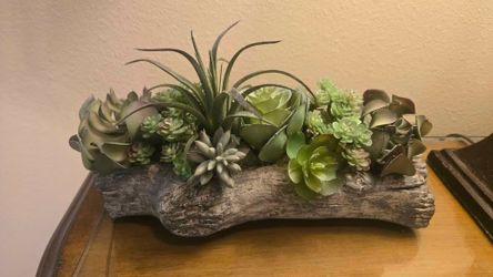 Premium 12" Faux Succulent Arrangement in Heavy Ceramic Log Planter