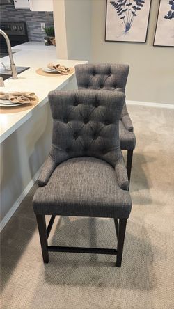 Counter-height  Gray Tufted Upholstered Stools – Set of 2