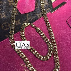 New 18k Yellow Gold Cuban Link Chain And Bracelet 