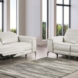 Brand New Taupe Leather Modern Style Power Reclining Sofa & Loveseat 