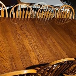 Long Oak Dining Table And 10 Chairs/Super/Country/Double Pedestal/like New/Farmhouse/Rustic/Shabby/Distressed/Antique/Rare/Solid Wood/Kitchen/Set