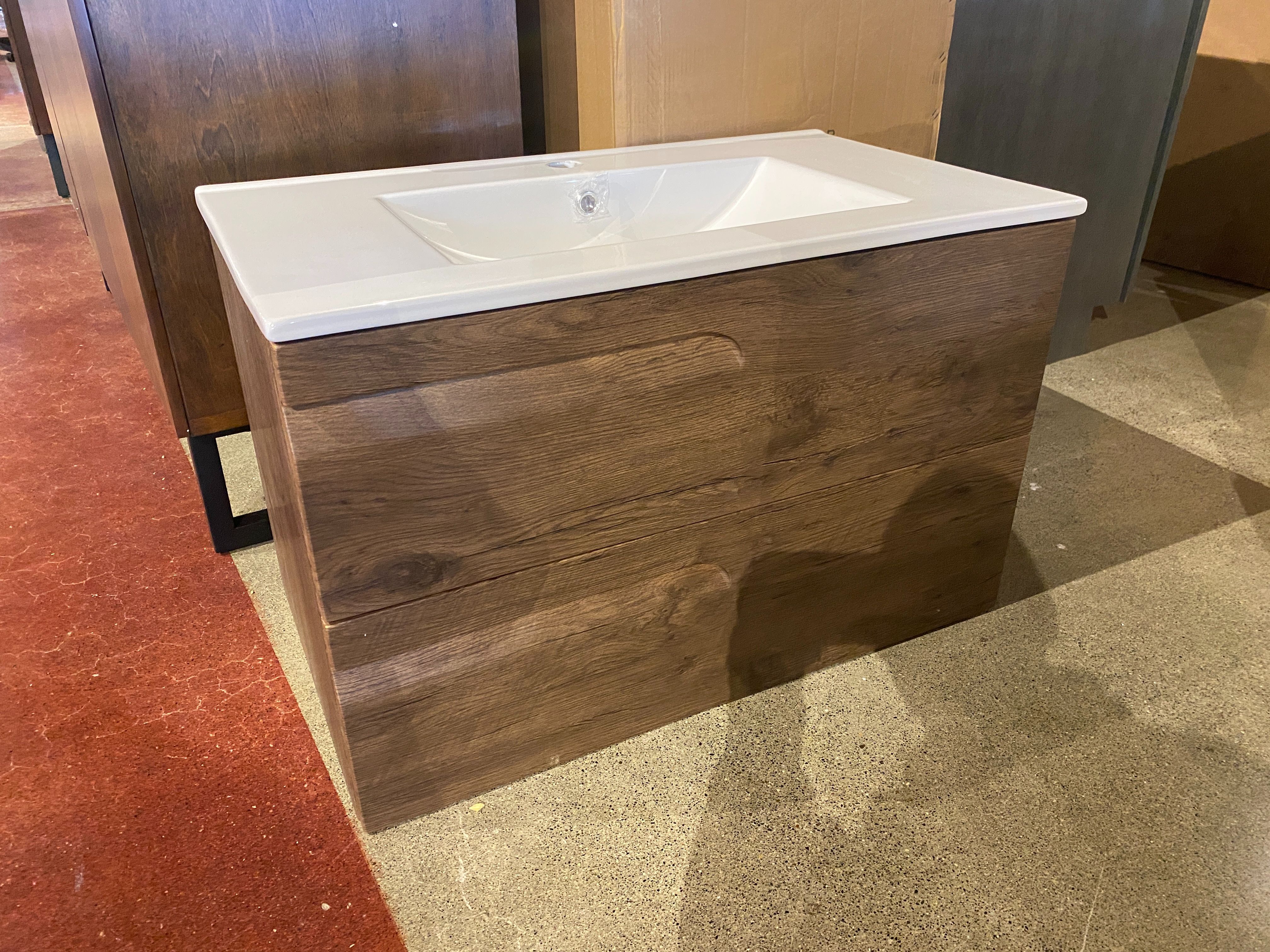 NEW! EVIVA Rosewood Single Sink Floating Bathroom Vanity with White Porcelain Top