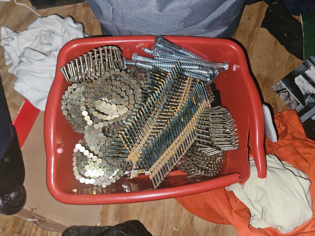 Box Full Of 25 Wired Nail Units And About 10 Lag Bolts And 2 Cement Board Rolls Fiba Tape