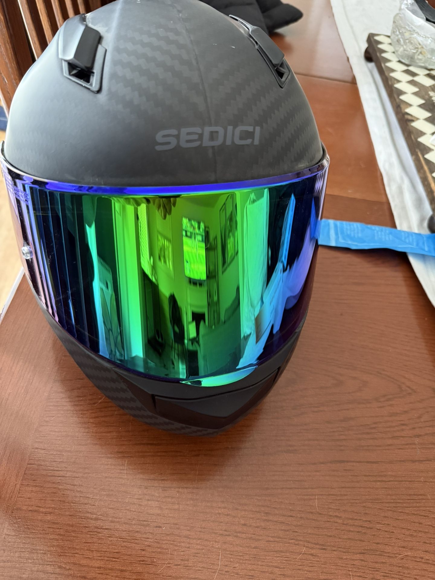 Sedici Strada Carbon Helmet With Green Visor And Cardo Speaker System Installed