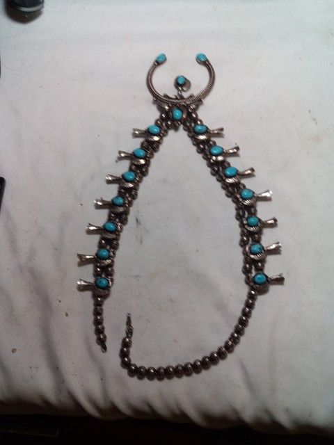 Vintage Navajo Sterling Silver Squash Blossom Turquoise Necklace