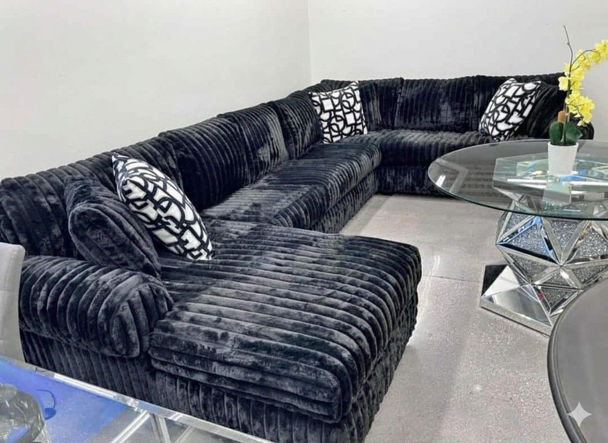 Black Color Fluffy Corduroy Sectional Couch 🌟 Black, Brown, Gray, Ivory Color Available ⭐$39 Down Payment with Financing ⭐ 90 Days same as cash
