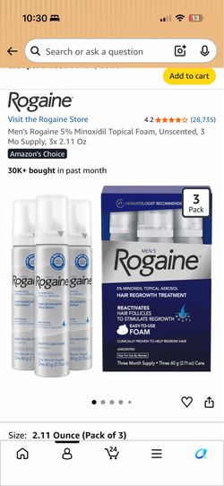 Men's Rogaine 5% Minoxidil Topical Foam, Unscented, 3 Mo Supply, 3x 2.11 Oz