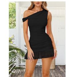 Women Sexy Off Shoulder Mini Dresses Bodycon Ruched Ruffle Hem Club Party Short Dress