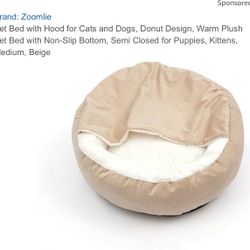 Pet Bed with Hood for Cats and Dogs, Donut Design, Warm Plush Pet Bed with Non-Slip Bottom, Semi Closed for Puppies, Kittens, Medium, Beige