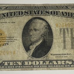 1928 United States $10 Ten Dollar Gold Certificate Banknote