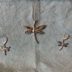 Silver Abalone Dragonfly Jewelry Set. 