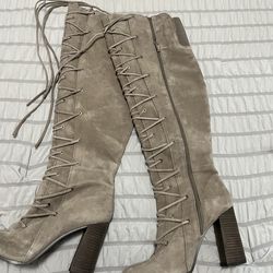🩶 Taupe Suede Lace-Up Over-the-Knee Boots | Block Heel