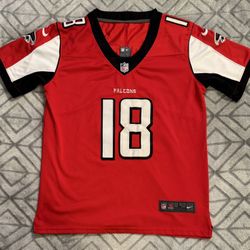 Nike Youth SZ Lg 14-16 Falcons #18 Ridley Jersey Red White Black 18x24 EUC #YouthFalconsJersey#RidleyJersey #CalvinRidleyJersey #falconJersey