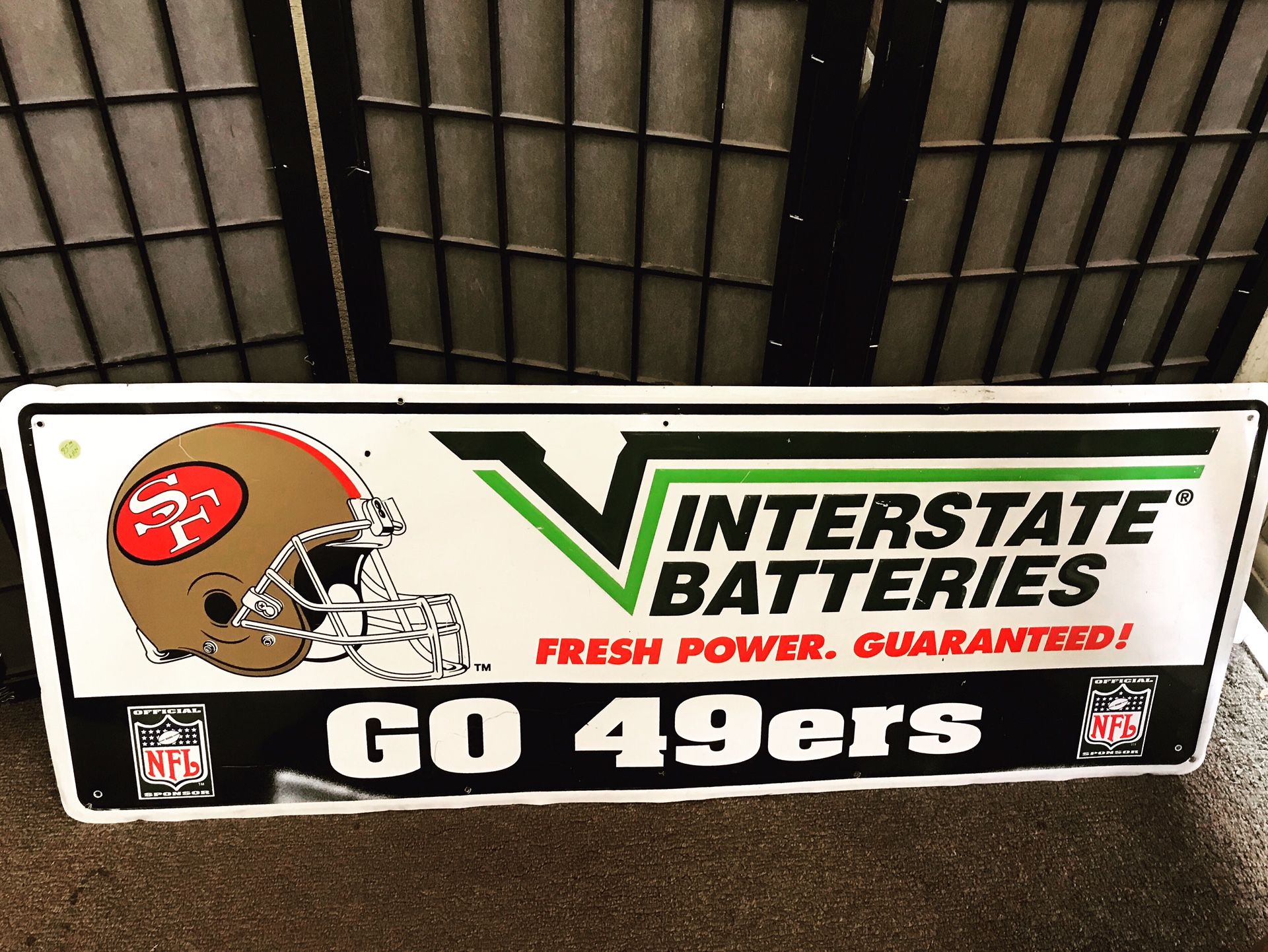 *Collectible & Rare* Interstate Batteries GO 49ers Sign. Measures 18”H x 48”W. Has normal wear and tear w/ some dents and drill holes from mounting.
