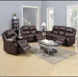 3-Piece Brown Leather Reclining Sofa Set