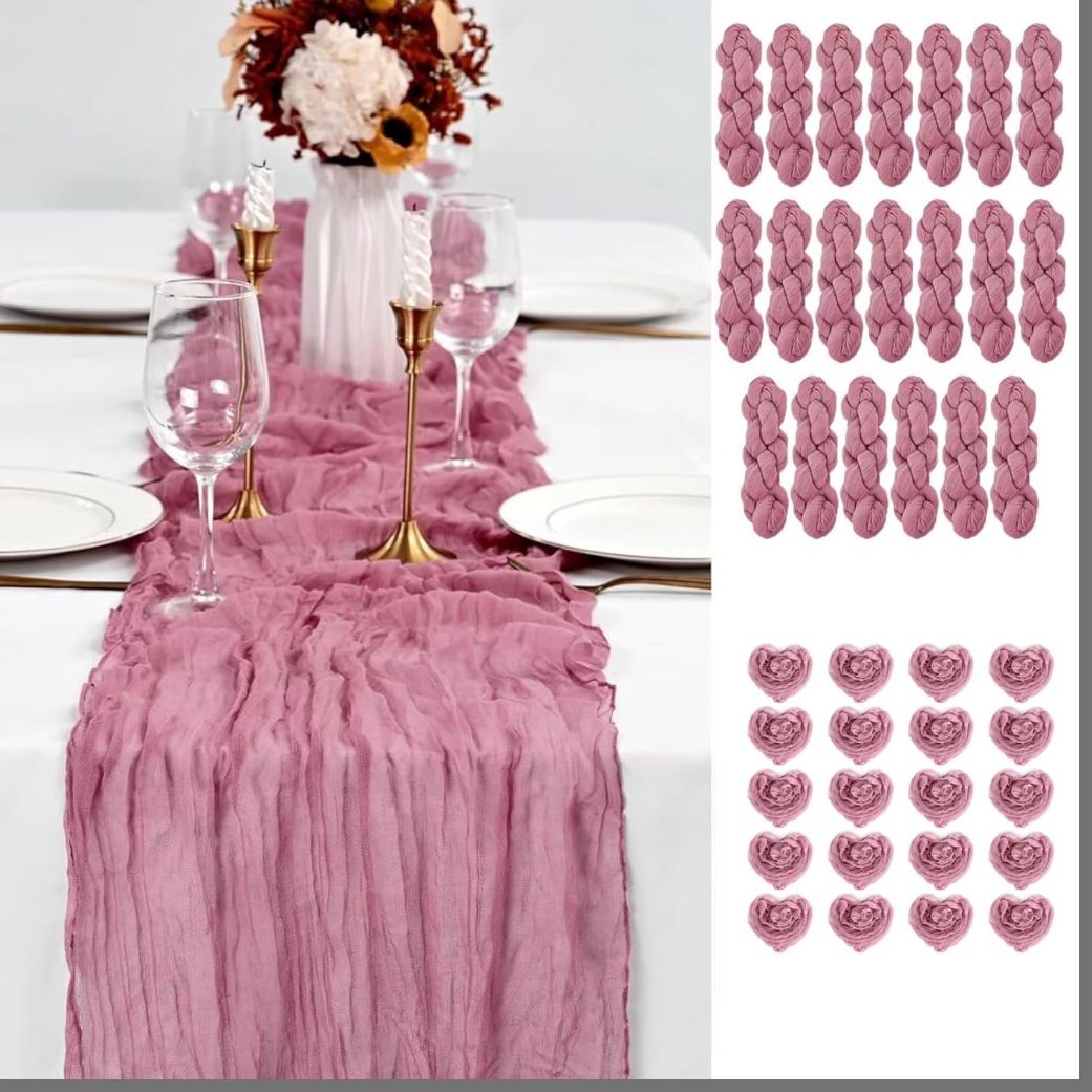 20PCS Dusty Rose Cheesecloth Table Runner 10ft Boho Gauze Fabric Cheese Cloth Table Runner Comes With 20 Cloth Napkins Runner For Romantic Wedding Bir