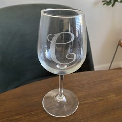 Elegant Clear Wine Glass with Monogram   Etched letter “C”  Stemmed wine glass   