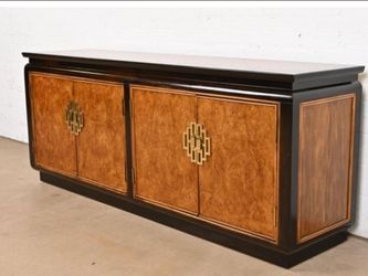Vintage 1970 Century Furniture, Chin Hua, By Robert Sobota Burlwood and Black Lacquer Sideboard Credenza.