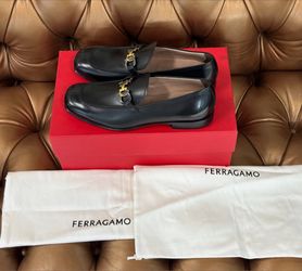 NEW Salvatore Ferragamo Gancini square-toe black leather gold tone loafers dress shoes SZ 9 Box Dust Bags