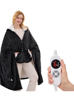 New-Wearable Heated Blanket Flannel Sherpa, 6 Heat Levels & 1-12H Timer Heated Shawl 40x70 Inch with Pockets, Heated Poncho Hoodie Suitable for Home O