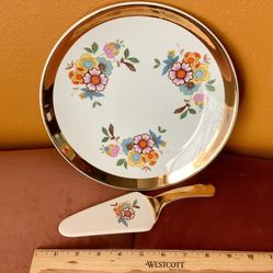 CAKE SERVING PLATE AND CAKE LIFTER, FLOWERS AND GOLD RIM, GREAT GIFT (SALE)