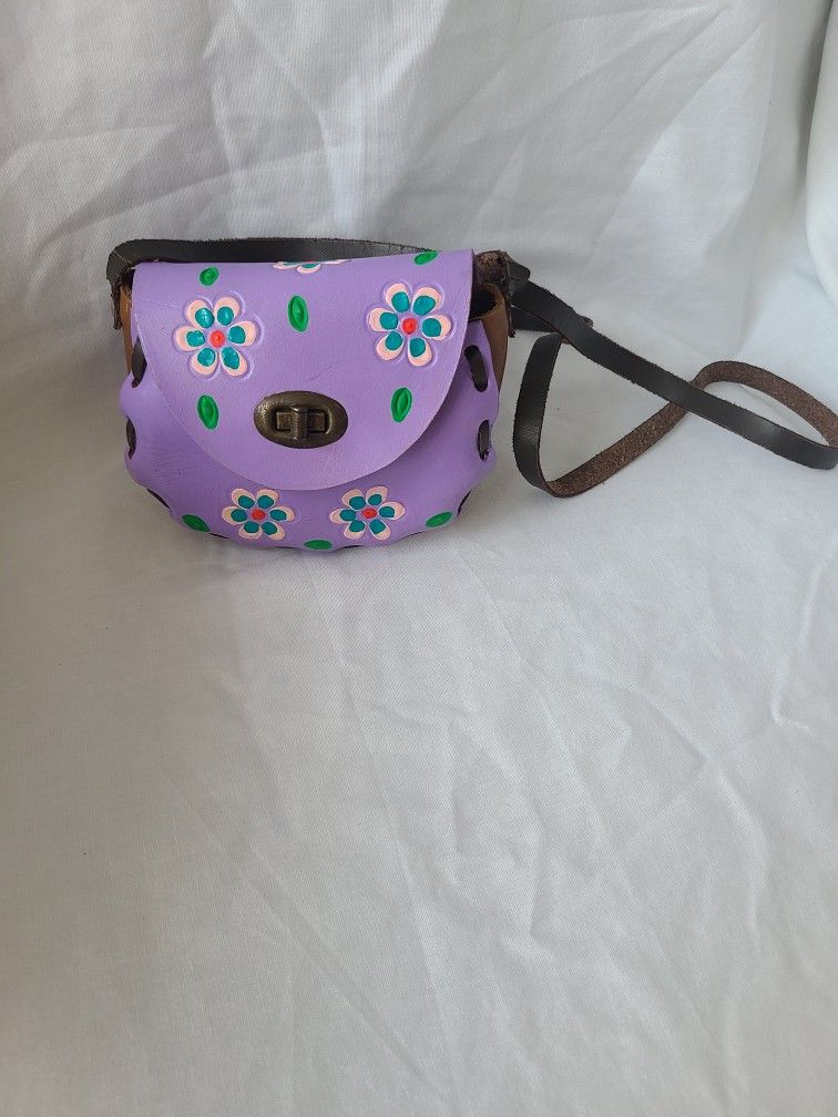 MEXICAN Small Leather LATIGO PURSE Tooled Lavender Handmade Hippie Serape Baja