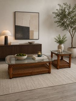 Vintage rattan glass coffee tables