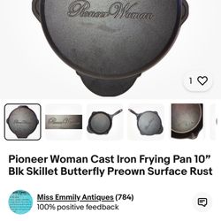 Pioneer Woman Cast Iron Frying Pan 12” Blk Skillet Butterfly with lid tifal