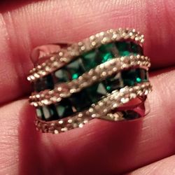 Ross Simmons Highway Lab Emeralds and Diamond Chips 925.Silver Ring 
