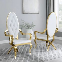 White Faux Leather Side Arm Chair Stainless Steel Gold Legs