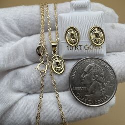 Oro 10K Set De Cadena Con Aretes De Virgencita Largo 17.5 Inches 
