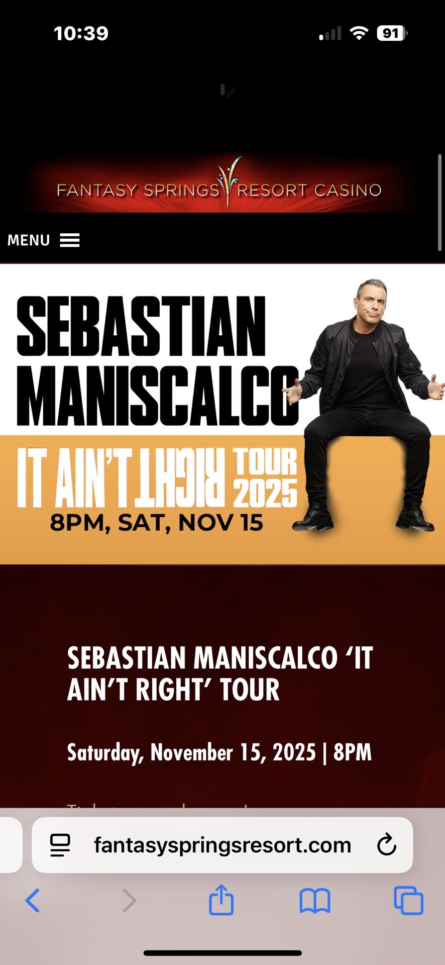Sabatian Maniscalco Fantasy Springs Resort 2 Tickets
