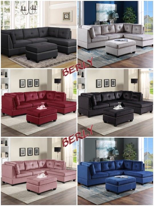 Pink Velvet Sectional With Ottoman 813