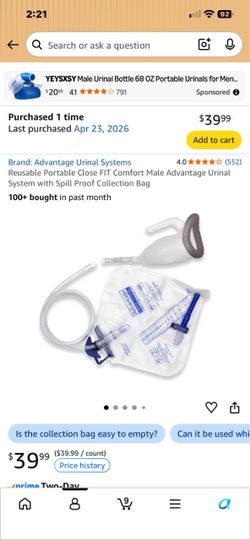 Advantage Urinal System Portable Male Urinal with Collection Bag