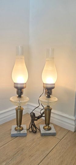 Two Vintage Electric Brass Hurricane Style Lamps With Marble & Crystal Base. In Great Condition