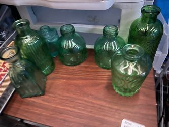 Lot of 6 Green Glass Bottles Vases